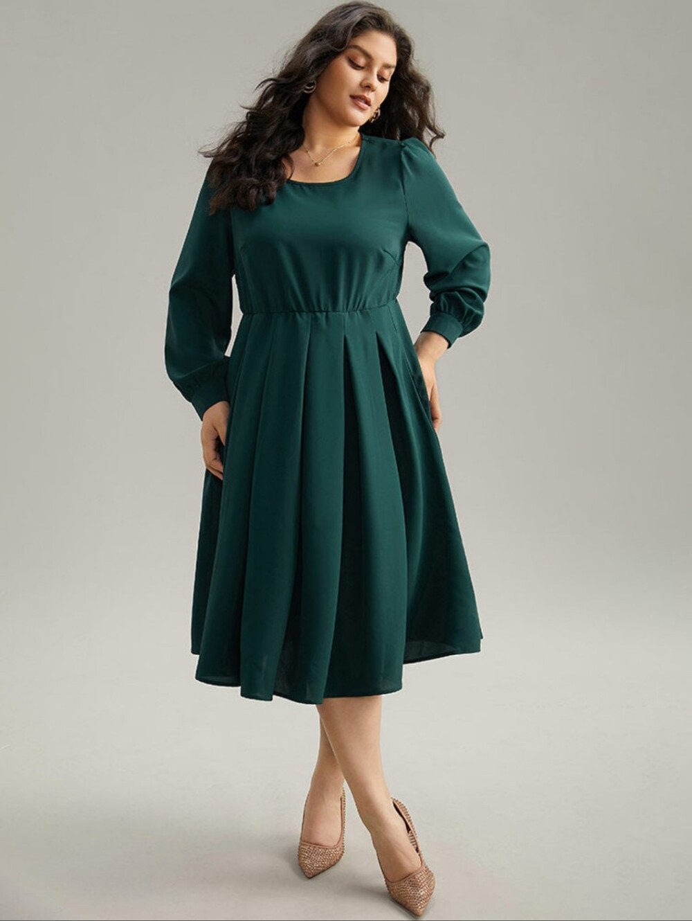 Bloomchic Static-Free Plain Pleated Pocket Dress, Dark Green, 2X, BNWT - Picture 2 of 11